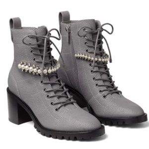 JIMMY CHOO Leather Crystal Embellishments Combat Boots